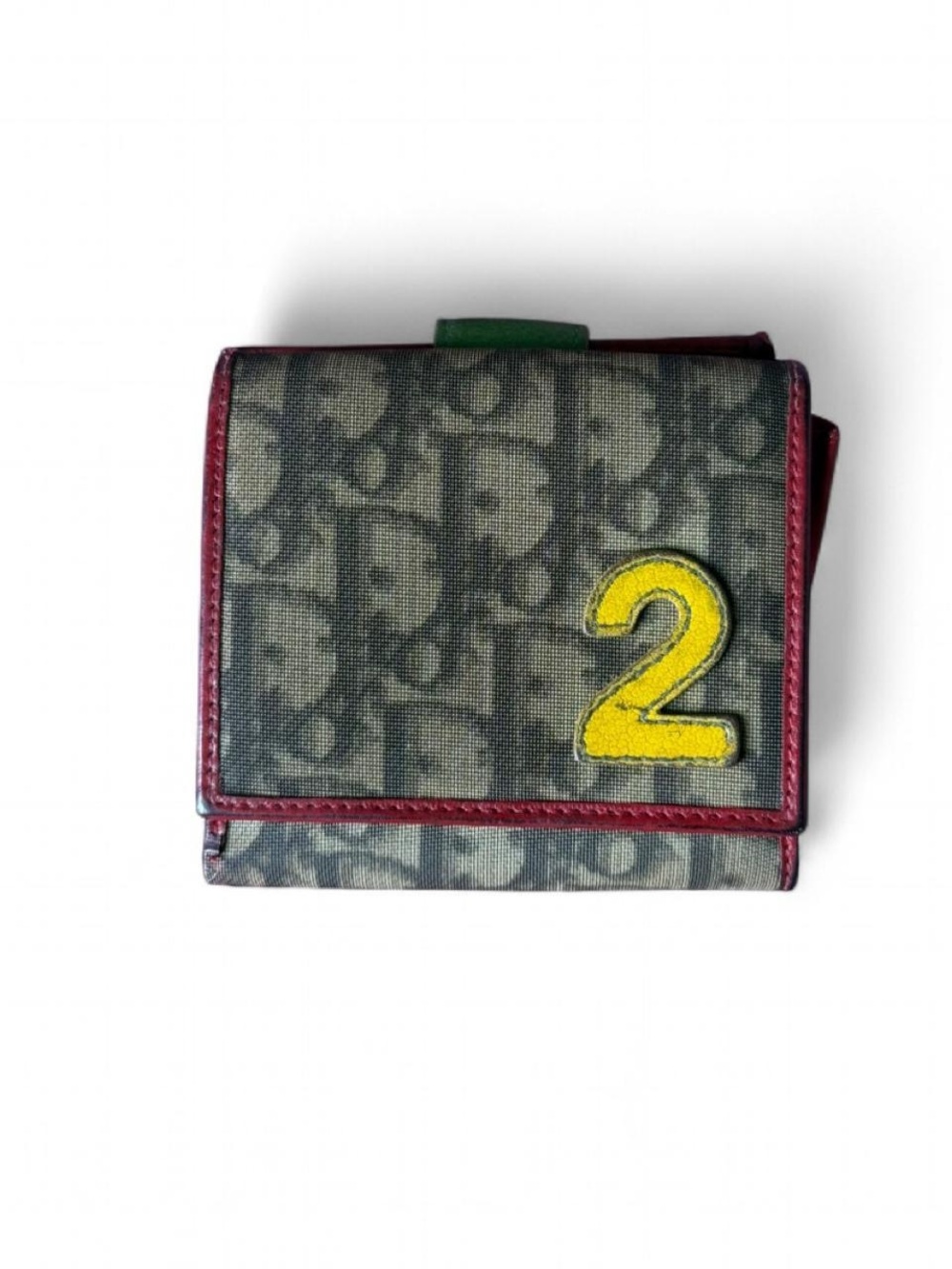 Dior Monogram Canvas Wallet with Burgundy Trim and Yellow Patch